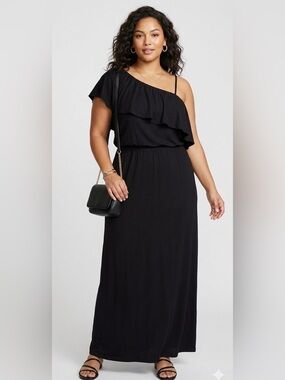 Bobeau Plus Size 3X Black Ruffle One-Shoulder Maxi Dress Summer Resort Wear